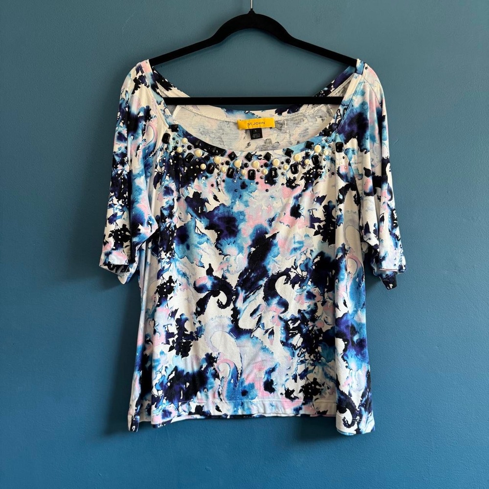 St. John Marbled Blouse Women's Size XL Blue Pink Beaded Off Shoulder Boat Neck